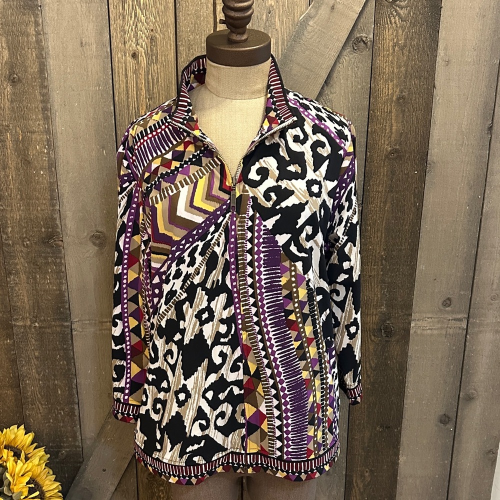 Zenergy by Chico’s Zip Front Printed Lightweight Travel Jacket Multicolor Size 2
